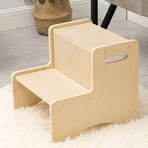 WOOD CITY Wooden Toddler Step Stool for Kids, Bathroom Potty Stool & Kitchen Stool, Natural Two Step Stool for Bedroom, Children's Stool with Handles and Safety Non-Slip Pads