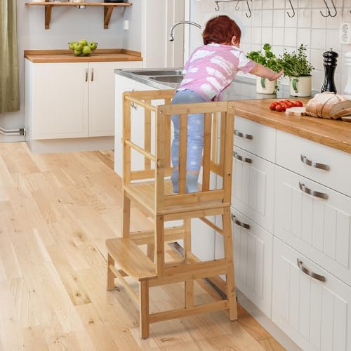 COSYLAND Kids Kitchen Step Stool,Toddler Standing Tower with CPC Certification, Removable Anti-Drop Railing Safety Rail Enjoys Unique Patented Design A Anti-tip Structure More Stable, Natural Bamboo