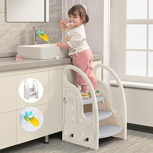 Toddler 3 Step Stool Onasti Kids Standing Tower for Toddlers Plastic Learning Helper Stool for Kitchen Counter Bathroom Sink Toilet Potty Training with Handles and Non-Slip Pads-Grey White