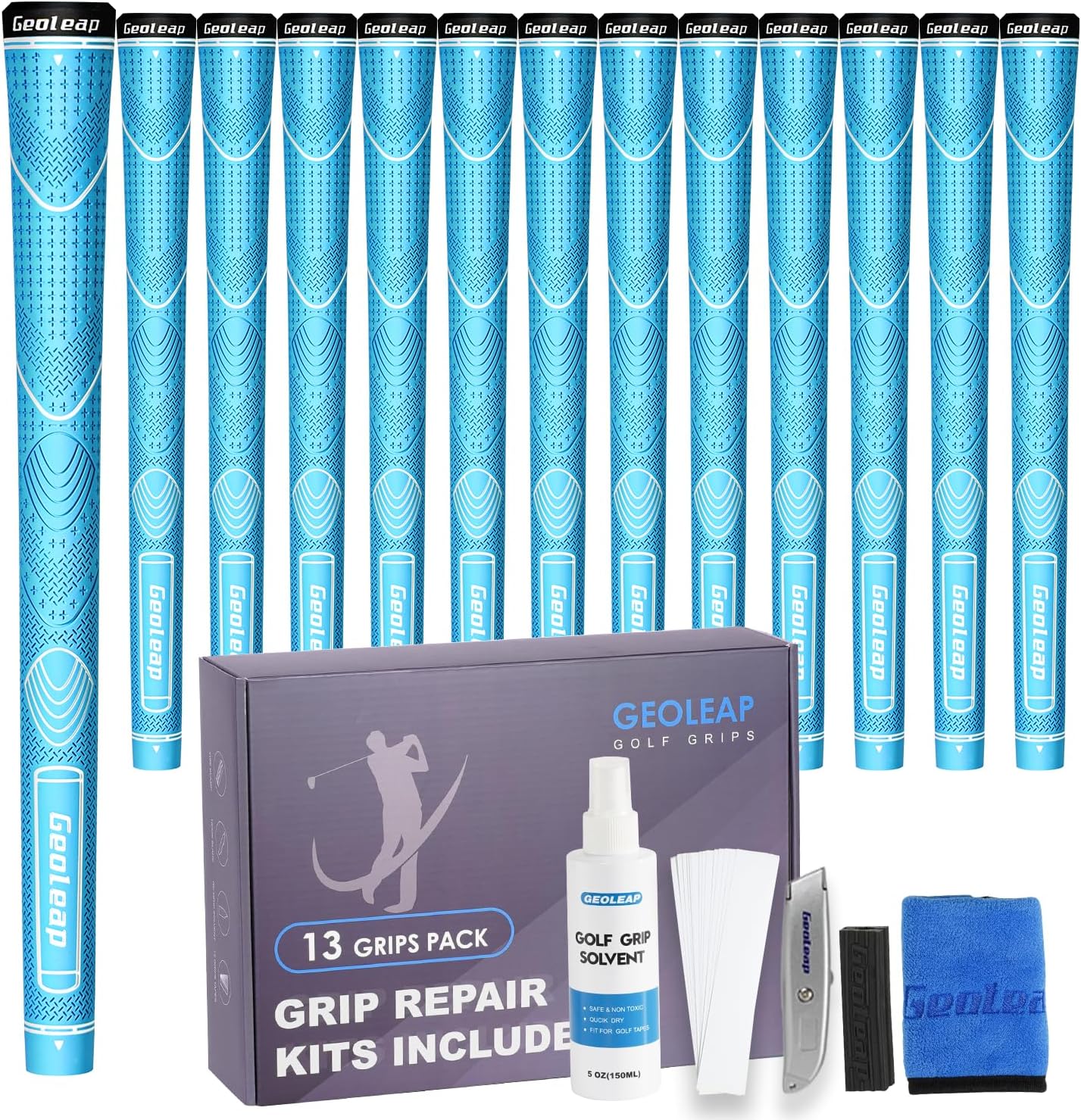 Geoleap Rubber Golf Grips Set of 13 -Grips with 15 Tapes and Grips with All Repair Kits for Choice, Non-slip and Shock-absorbing, Thumb Pattern Design, All Weather Performance and High Feedback Soft Rubber Golf Club Grips