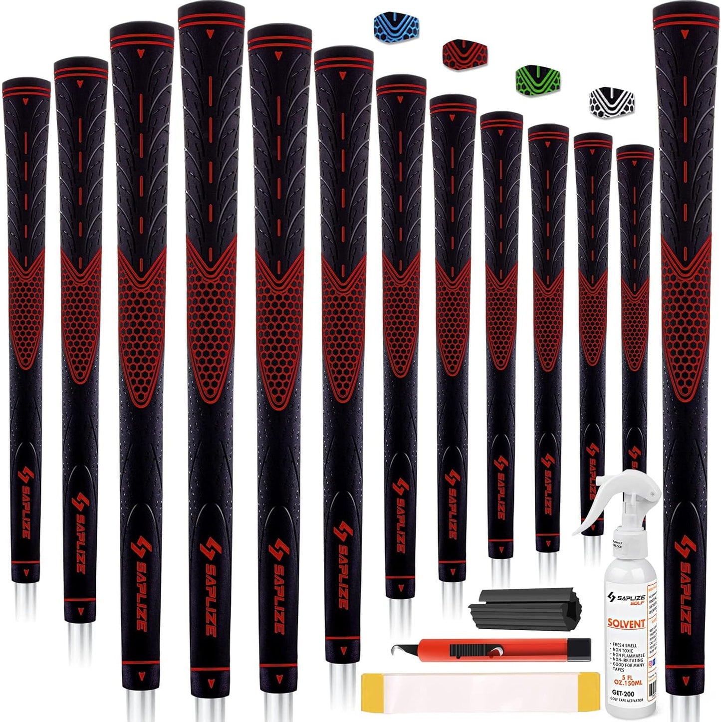SAPLIZE Classic Rubber Golf Grips 13 Pack, High Feedback, Non-Slip, Choose from 13 Grips with 15 Tapes or 13 Grips with All Kits, Available in Under/Standard/Mid/Jumbo Sizes, CC01 Series
