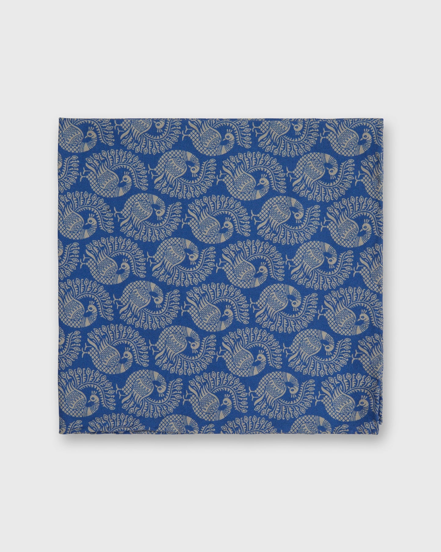 Cotton Print Pocket Square in Blue/Bone Peacock