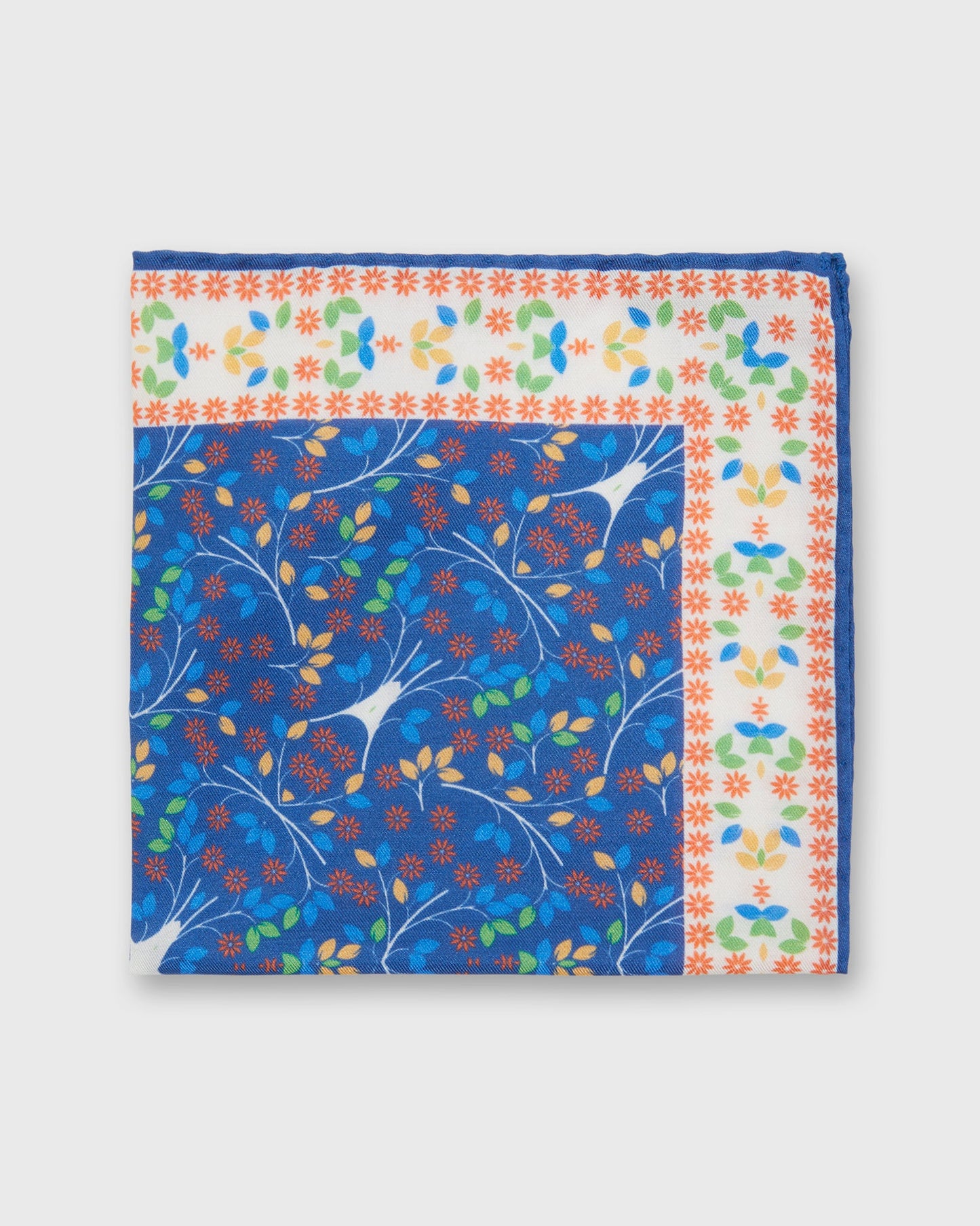 Cotton/Linen Print Pocket Square in Blue/Orange Multi Florals