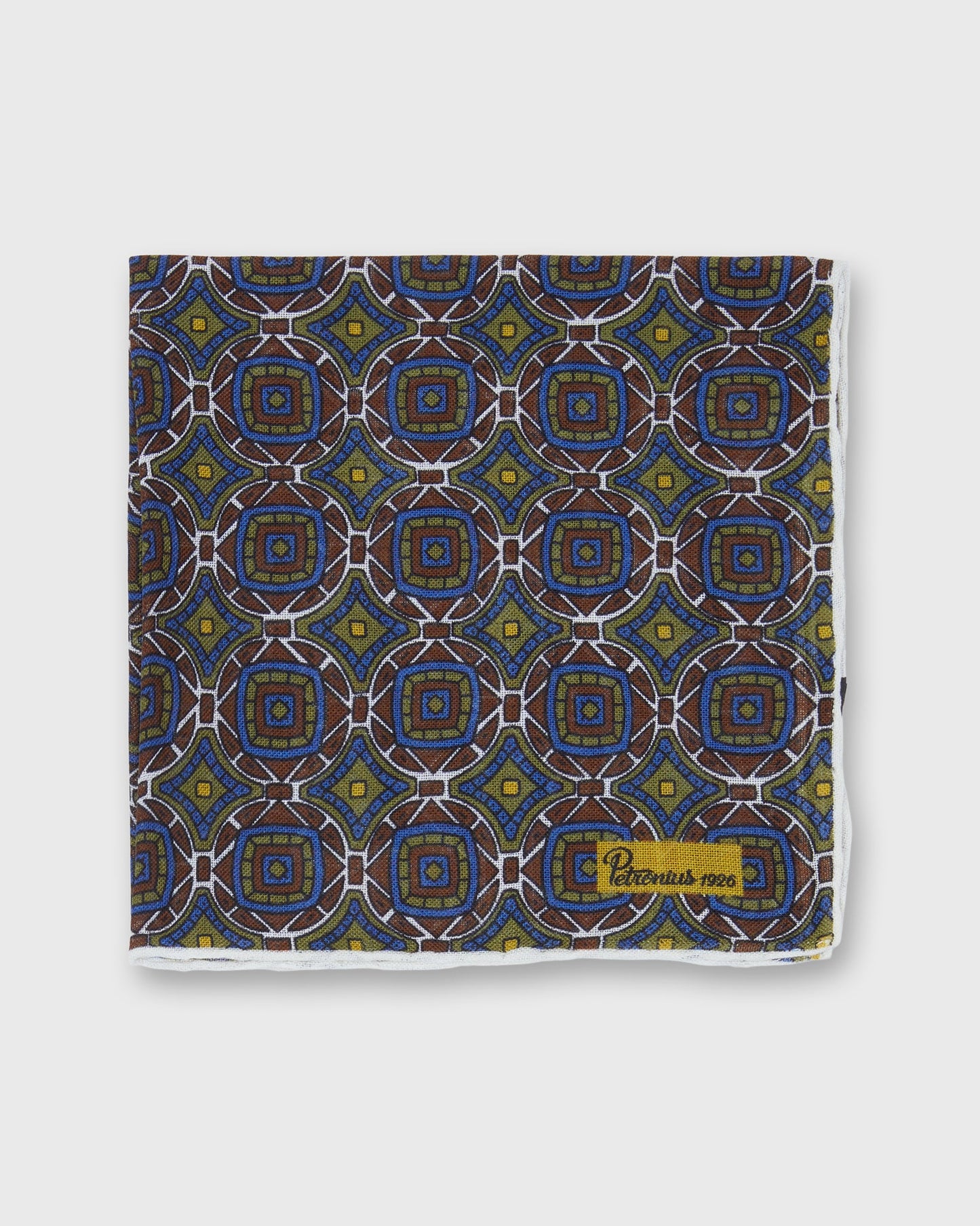 Wool/Silk Pocket Square in Green/Brown/Blue Large Medallion
