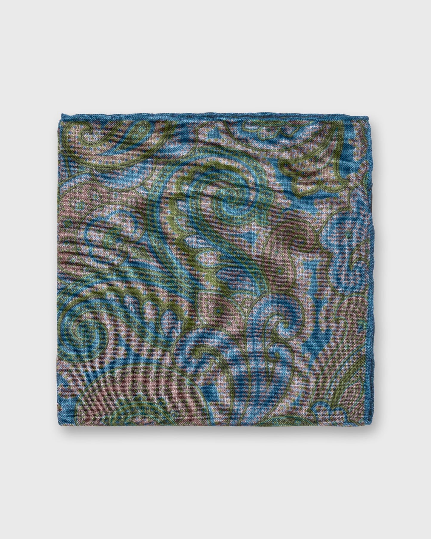 Wool/Silk Pocket Square in Lovat/Navy Paisley