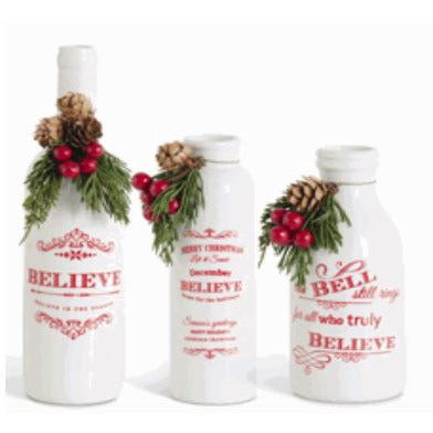 White Ceramic Christmas Message Bottles w Pine