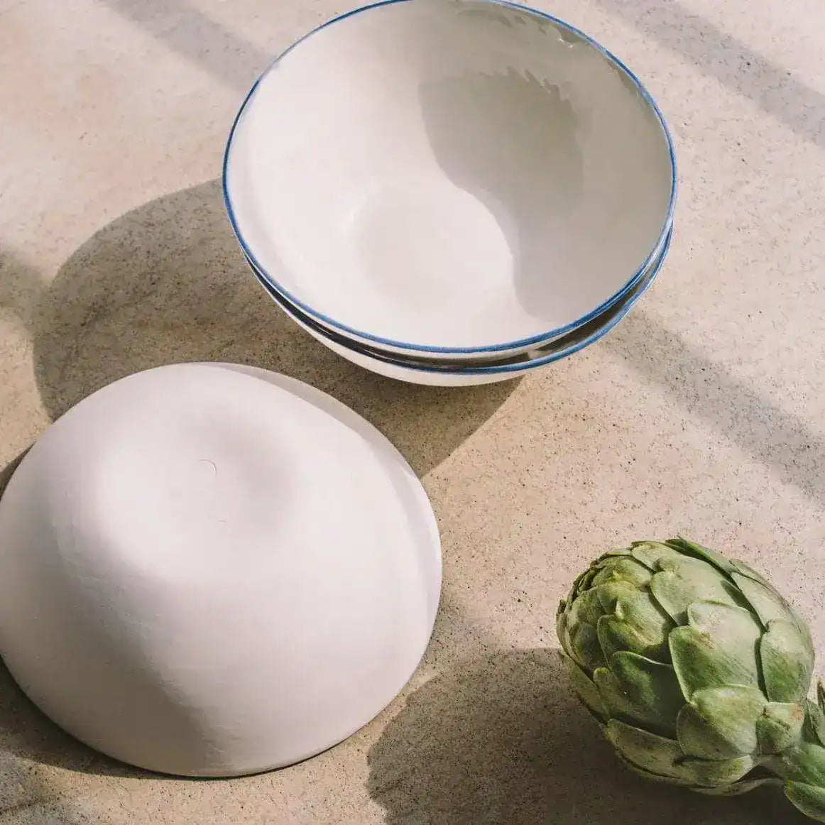 Blue Trim on White Porcelain Dinnerware