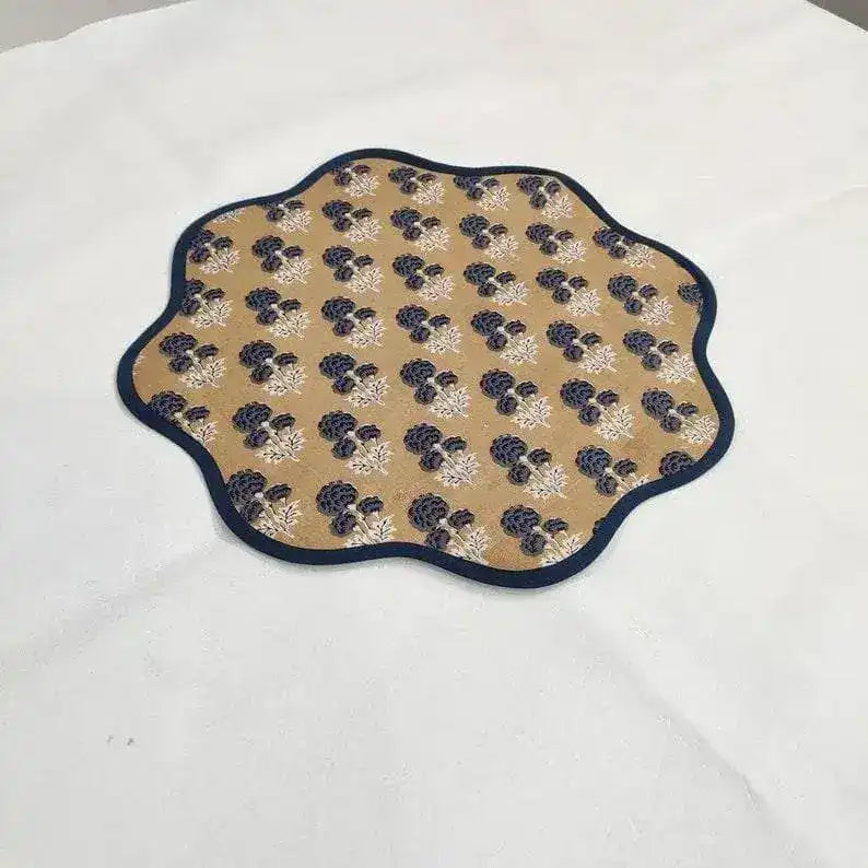 Brown Block Printed Floral Scallop Cotton Placemats - MAIA HOMES
