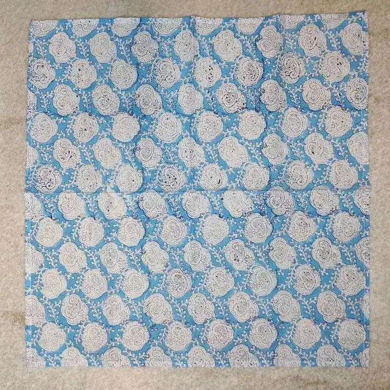 Floral White and Sky Blue Block Print Cotton Napkins