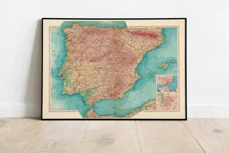 Geographical Map of Spain and Portugal| Map Wall Decor