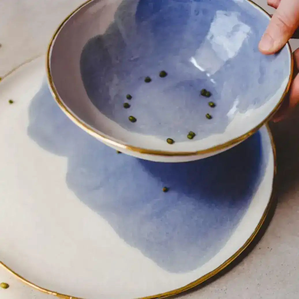 Hand Crafted Gold Trim Porcelain Blue and White Tableware