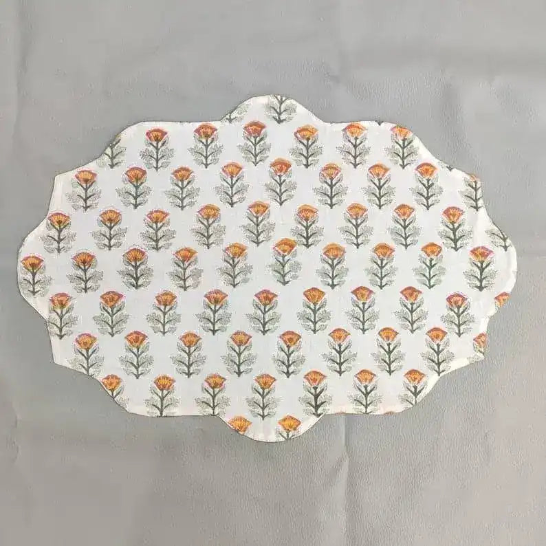 Orange Block Printed Floral Scalloped Oval Cotton Placemats