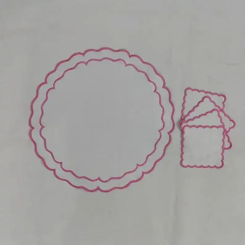 Pink Double Scalloped Round White Placemats