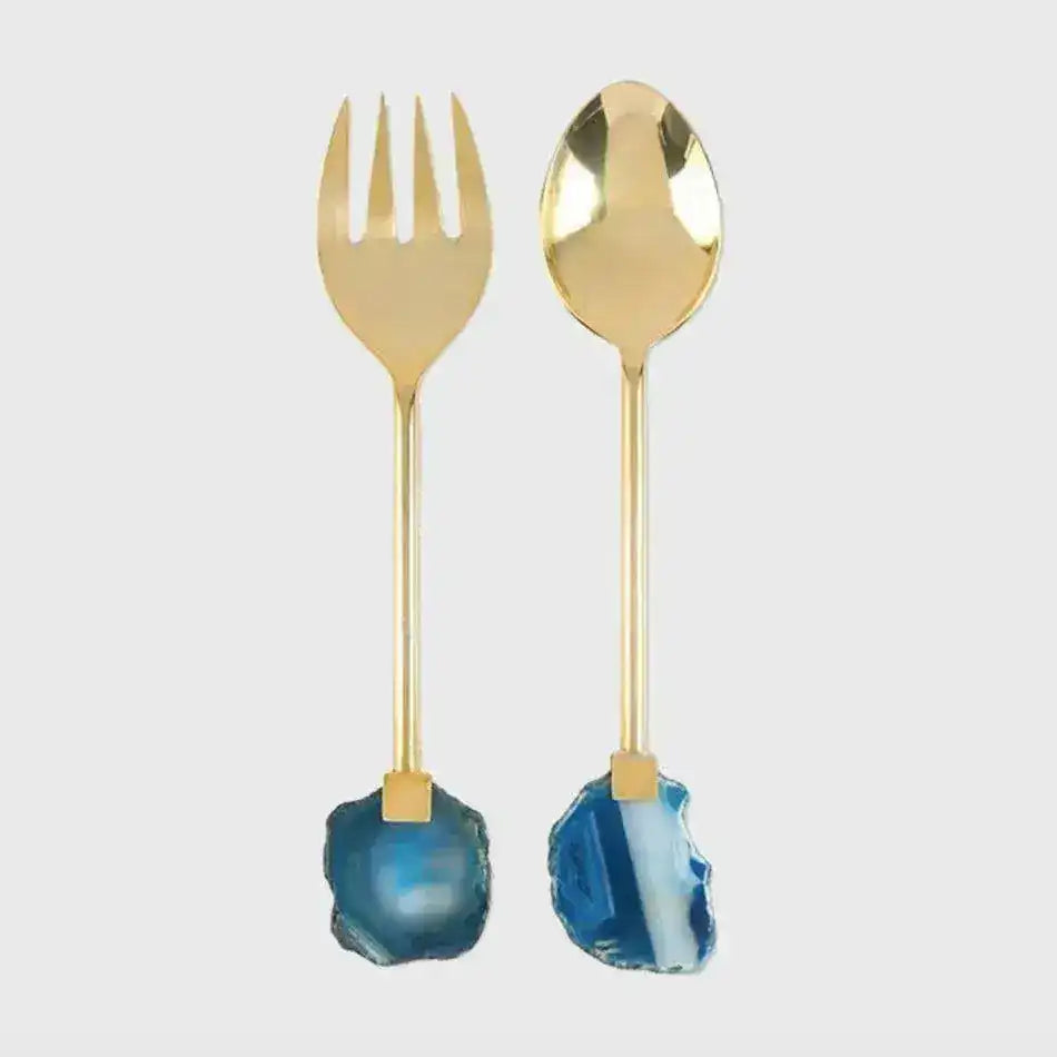 Serein Decor Stainless Steel Blue Agate Gold Salad Serving Set