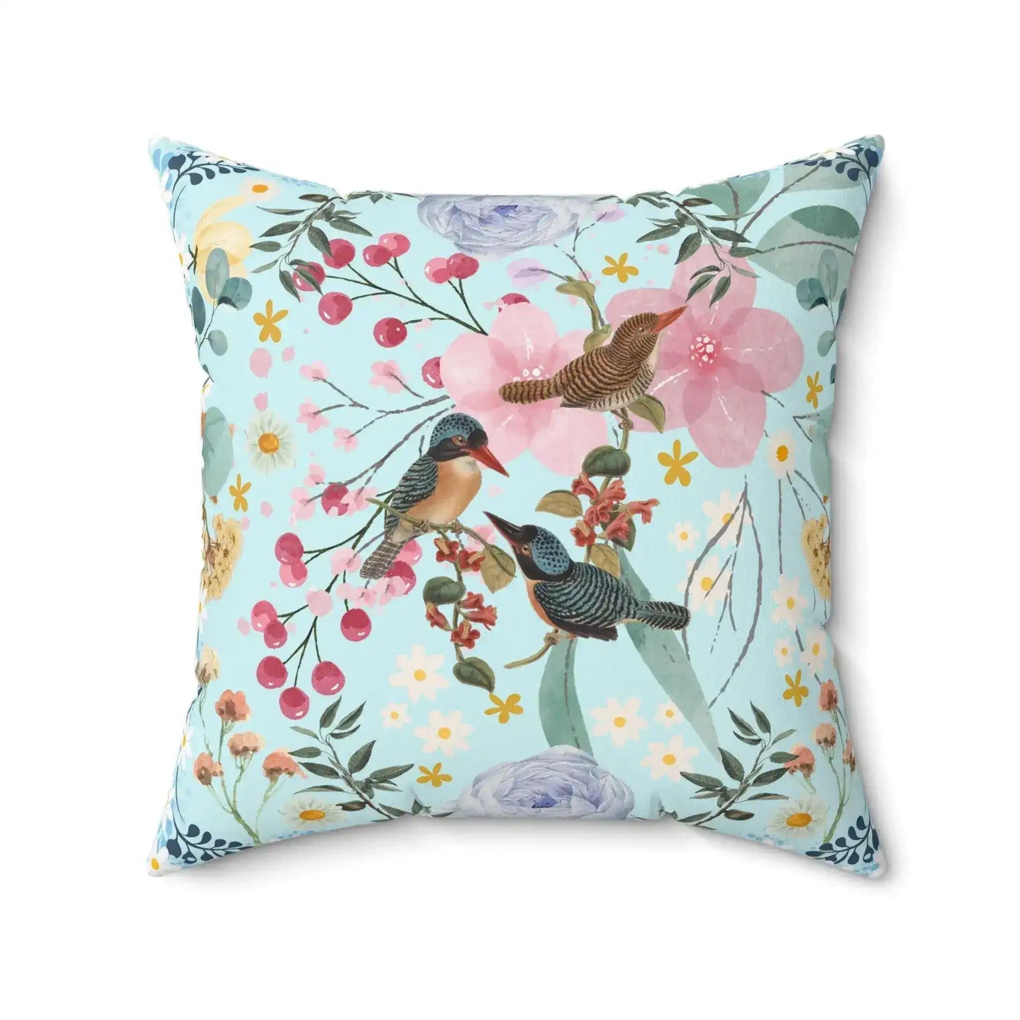 Sky Blue Chinoiserie Flower and Birds Throw Pillow - MAIA HOMES