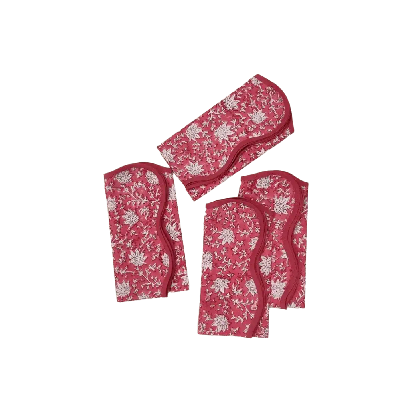 Traditional Pink Floral Block Printed Scalloped Cotton Napkins