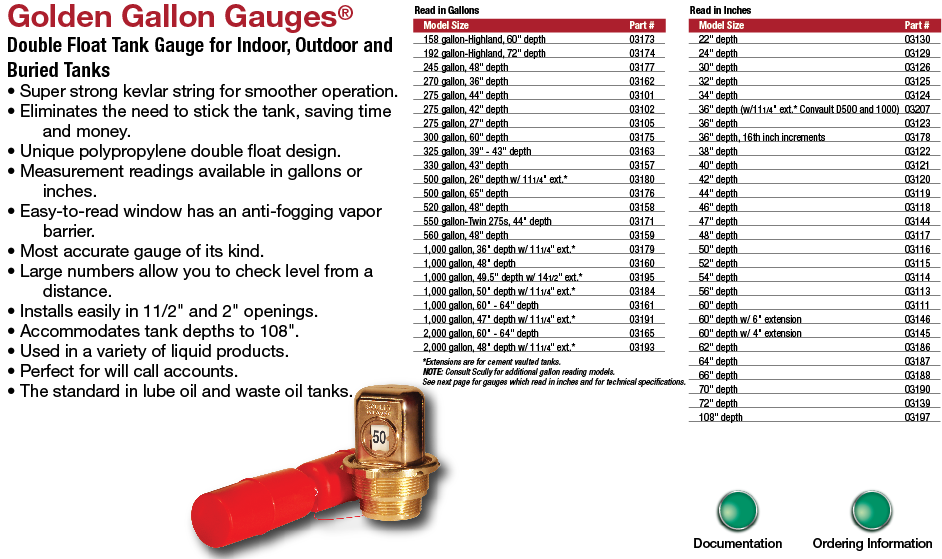 Scully Signal 03156 Golden Gallon Gauge 60" Depth w12" Extension ****