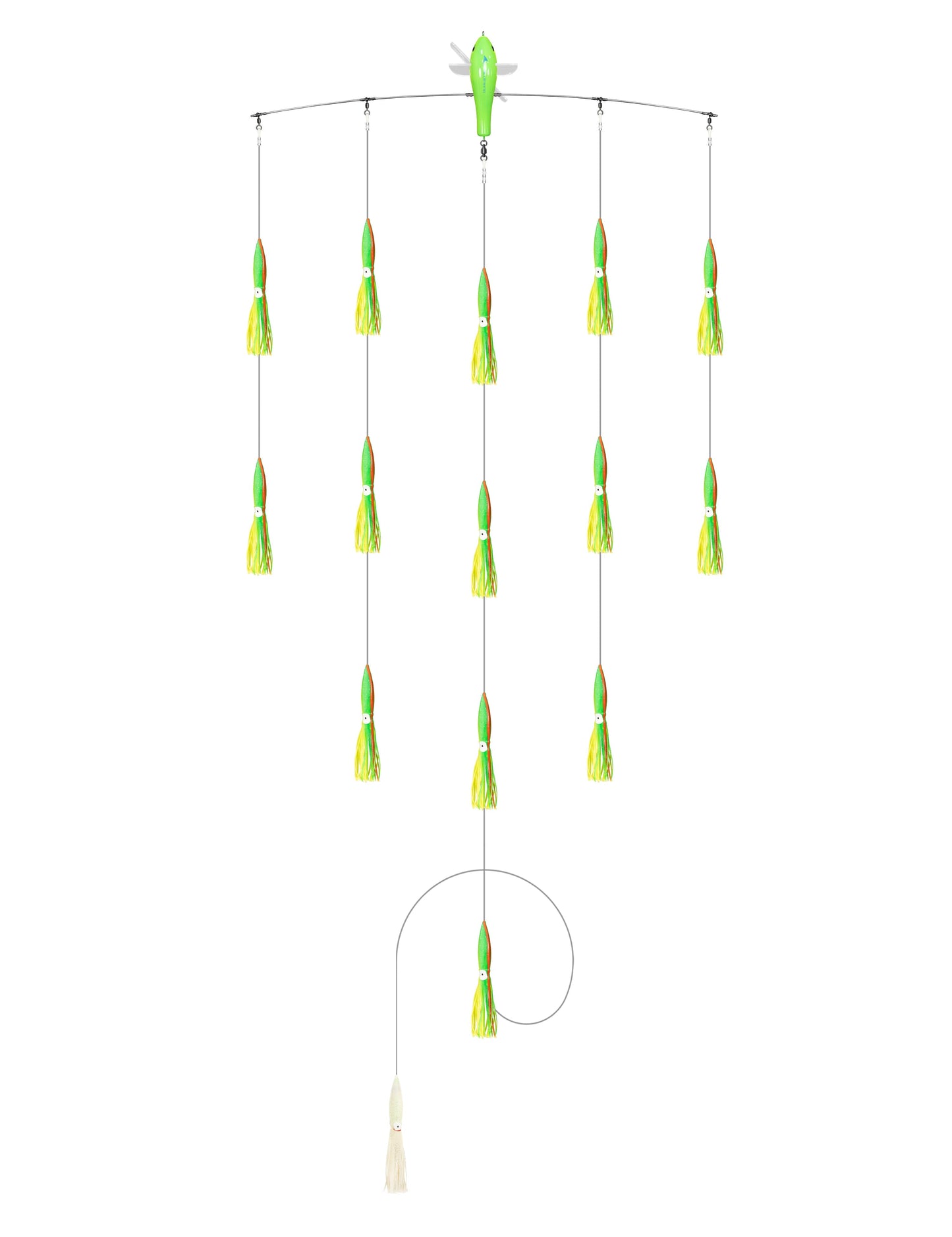 BLUEWING 36in Fishing Spreader Bar Port Walker Baits Bulb Squids and Trolling Birds Spreader Bar for Offshore Trolling, Yellow/Green