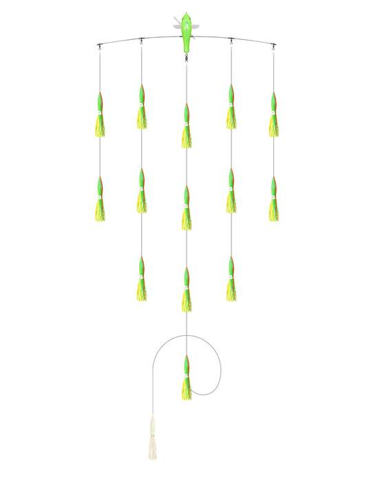 BLUEWING 36in Fishing Spreader Bar Port Walker Baits Bulb Squids and Trolling Birds Spreader Bar for Offshore Trolling, Yellow/Green