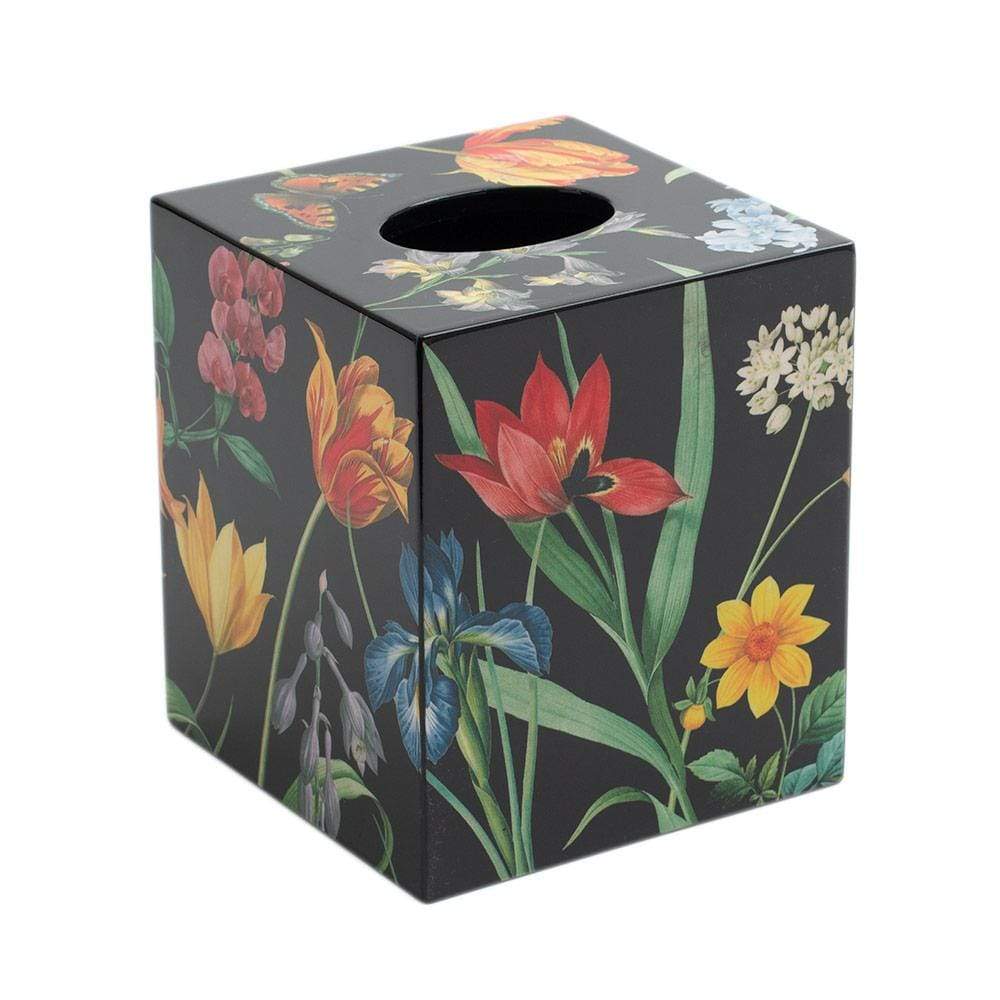 Redouté Floral Lacquer Tissue Box Cover in Black - 1 Each