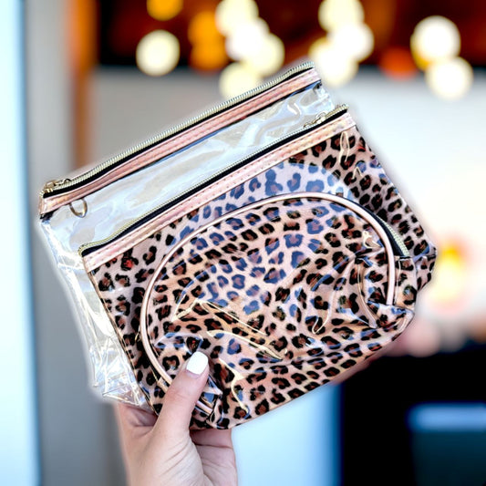 3 Pc Cheetah Makeup Bag Set