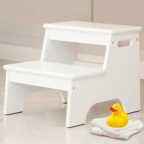 Forbena Wood 2 Step Stool for Kids Bathroom Sink, White Toddler Step Stool for Toilet Potty Training, Child Stepping Stool for Kitchen Nursery Bedroom, Sturdy Non Slip Adult Stool for Closet