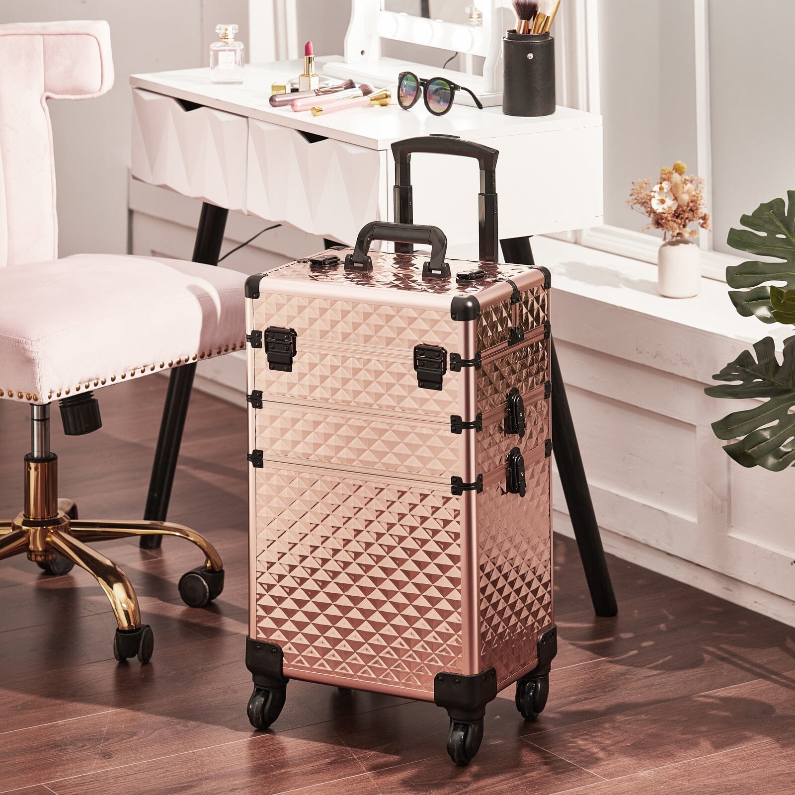 3 in 1 Rose Gold/Black Portable Cosmetic Travel Case with Wheels Makeup Organizers Living and Home Rose Gold and Black