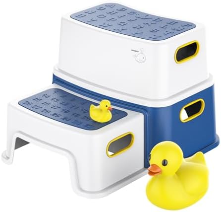 INNOWEST Step Stool for Kids (Ducks Included), 2 Step Stool for Bathroom Sink, Anti-Slip Sturdy Toilet Potty Training Toddler Stool with Handles (Blue)