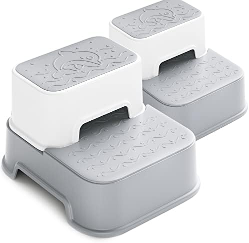 2 Step Stool for Kids (2 Packs),Double up Step Stool for Bathroom,Potty Training,Toilet Stool, Slip Resistant,Two Step Stool for Sink(Grey)