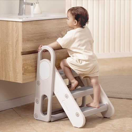 Mloong Kids Step Stool Foldable for Bathroom Sink, Easy Folding Non-Slip Bathroom Stool Toilet Potty Training Stool, Adjustable Toddler Ladder Kitchen Counter Stool Helper