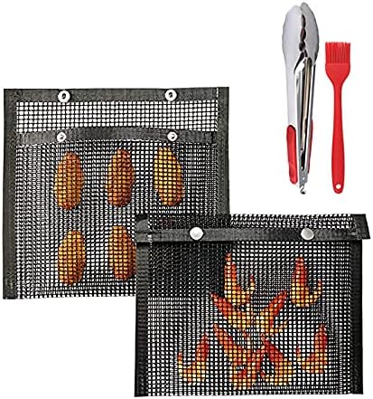 2 Pcs Reusable Non-Stick BBQ Grill Mesh Bag with Clip, Silicone Brushes for Picnic Barbecue Mat Acessories