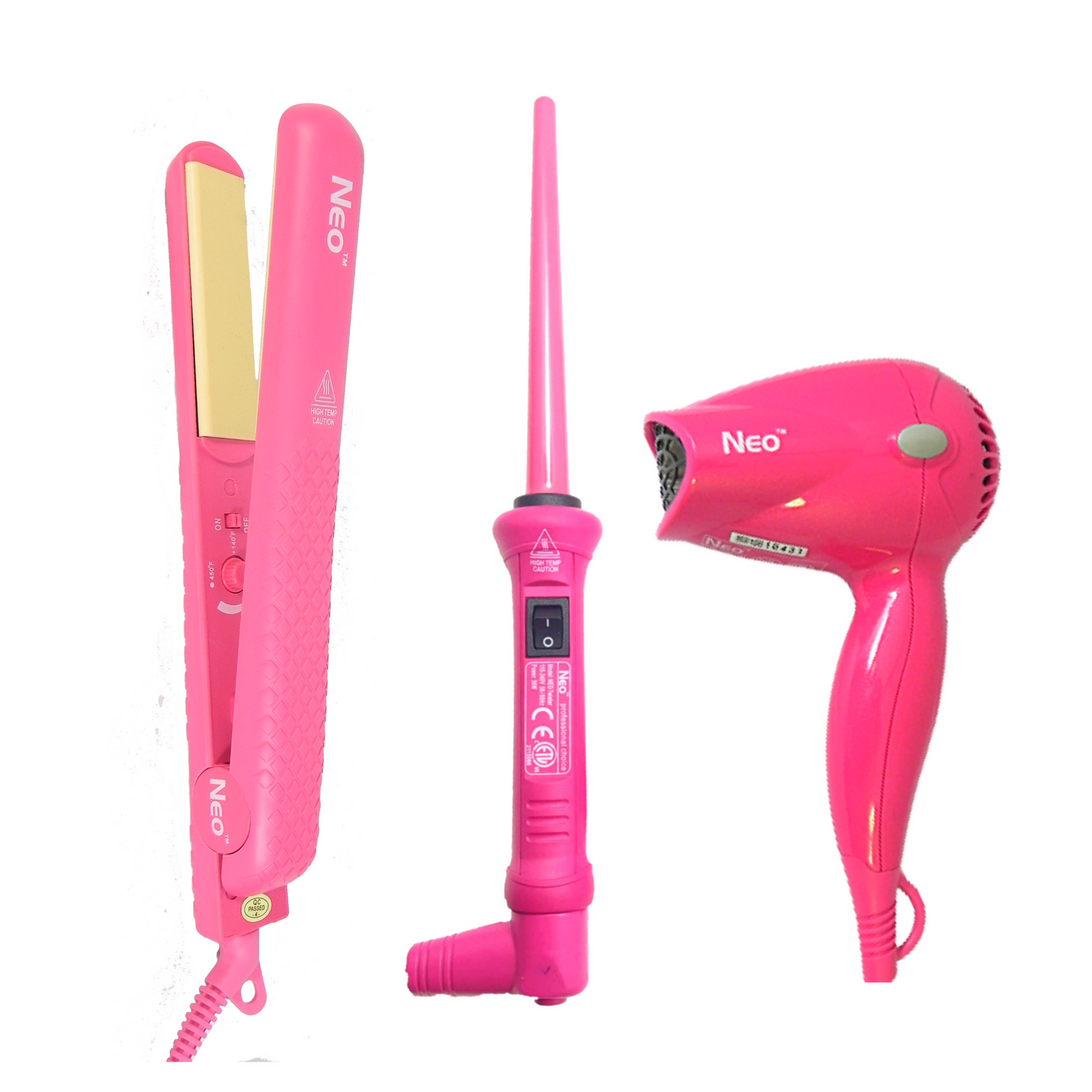 Complete Set - 1.25" Ceramic Flat Iron w/ 9-18mm Curling Wand & Mini Travel Hair Dryer