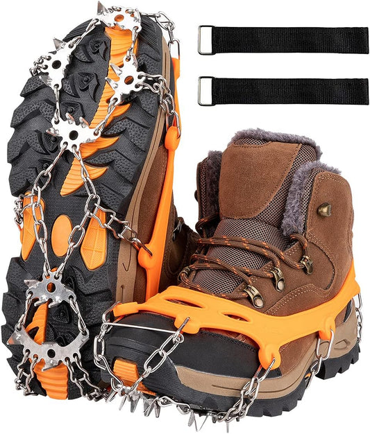 24 Spikes Crampons Ice Cleats Traction Snow Grips for Boots Stainless Steel Spikes Shoes Safe Protect for Fishing, Walking, Climbing or Hiking on Snow and Ice