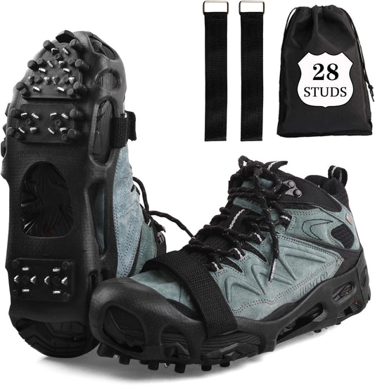 Ice Cleats Snow Walk Traction Cleats Crampon for Walking on Snow and Ice Upgrade 28 Studs Non-Slip Overshoe Rubber Anti Slip Crampons Slip-on Stretch Footwear