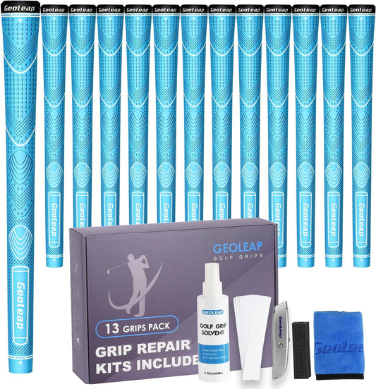 Geoleap Rubber Golf Grips Set of 13 -Grips with 15 Tapes and Grips with All Repair Kits for Choice, Non-slip and Shock-absorbing, Thumb Pattern Design, All Weather Performance and High Feedback Soft Rubber Golf Club Grips