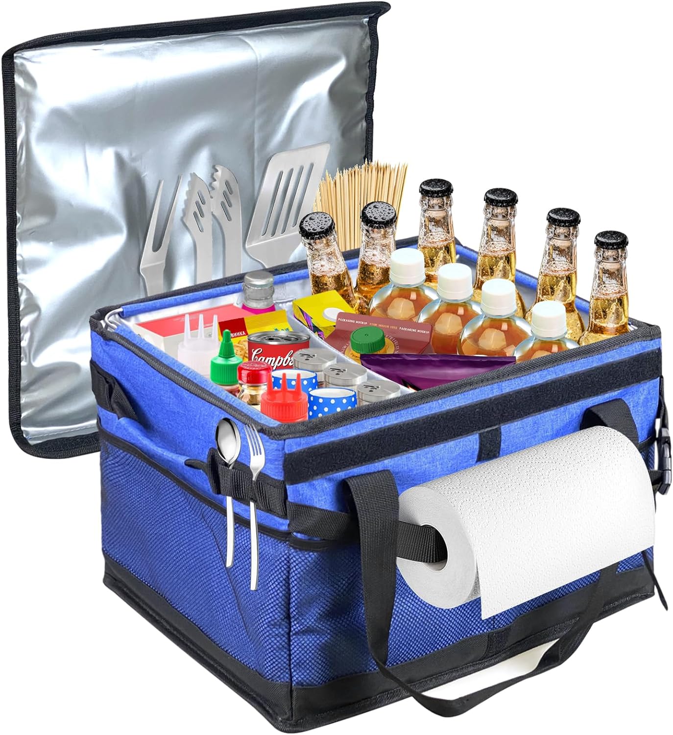 Grill Box with Tissue Holder and lid, Condiment Organizer, Foldable Thermal Cooling Grill Box,Slow Cooker Carrier (Blue)