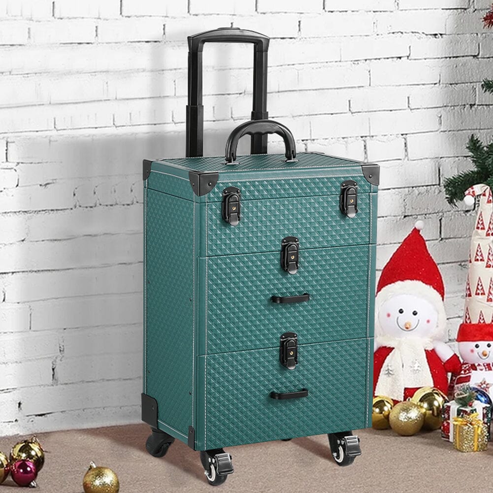 White/Green 3 in 1 Professional Cosmetic Trolley Case Makeup Box on Wheels Makeup Organizers Living and Home Dark Green
