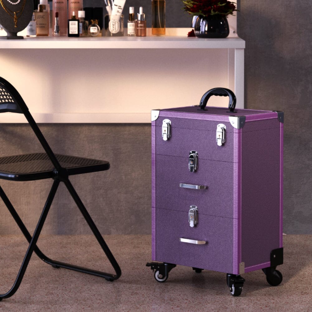2 Drawers Portable Lockable Cosmetic Makeup Travel Case Black/Purple Makeup Organizers Living and Home Purple