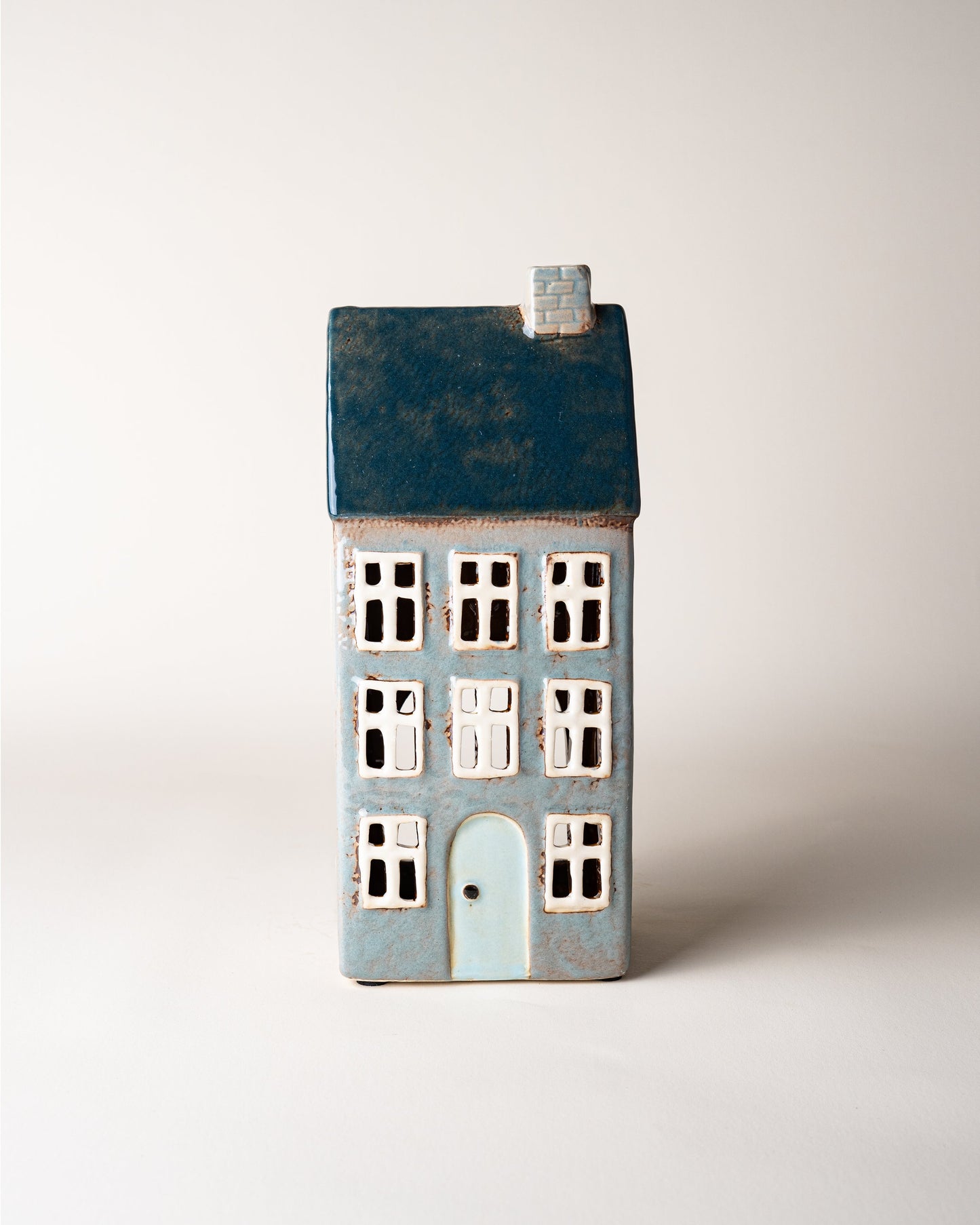 House Tealight Holder Blue/Grey Chimney