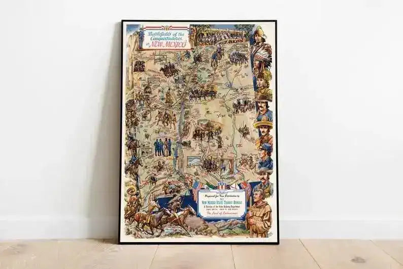 Pictorial Map of Battlefields of the Conquistadors In New Mexico| New Mexico Wall Art