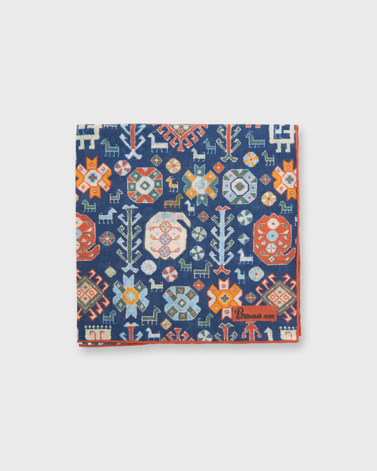Hand-Rolled Pocket Square in Navy/Ecru/Oregano/Sky/Brick Aztec Motif