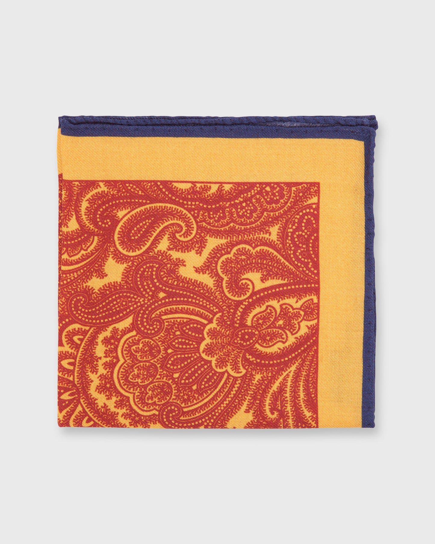 Wool/Silk Print Pocket Square in Collegiate Gold/Vermillion/Navy Large Paisley