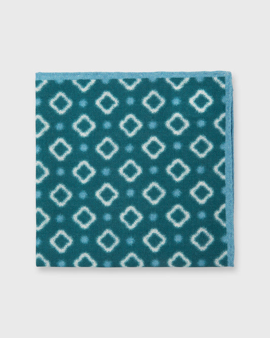 Wool/Silk Print Pocket Square in Forest/Lovat Blue/Bone Diamond