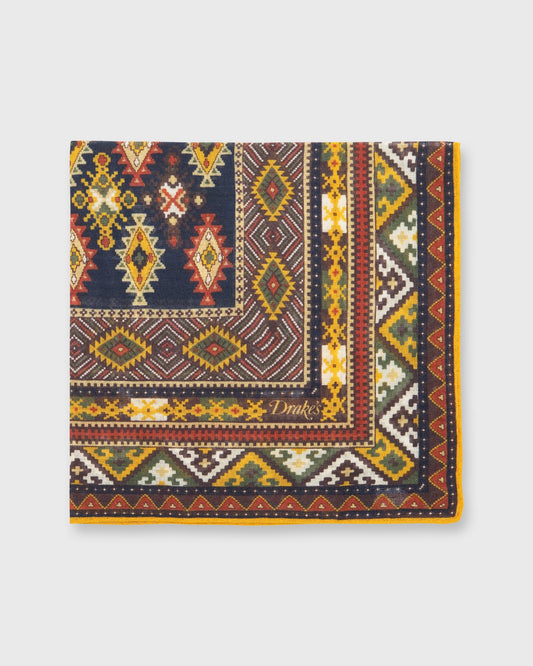 Hand-Rolled Pocket Square in Navy/Gold/Multi Geo Kelim