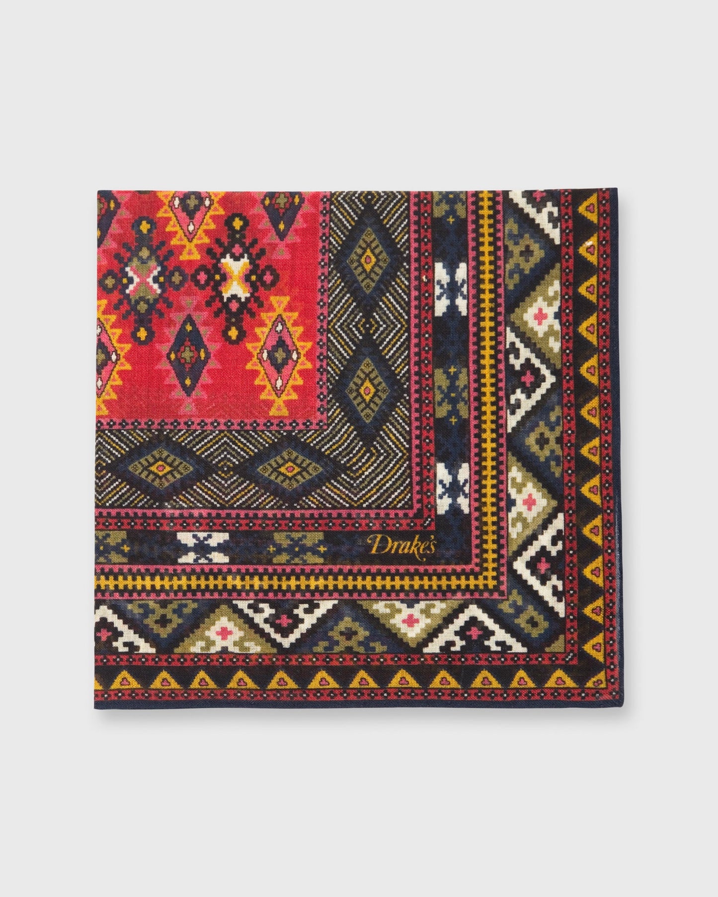 Hand-Rolled Pocket Square in Dark Navy/Tomato/Multi Geo Kelim