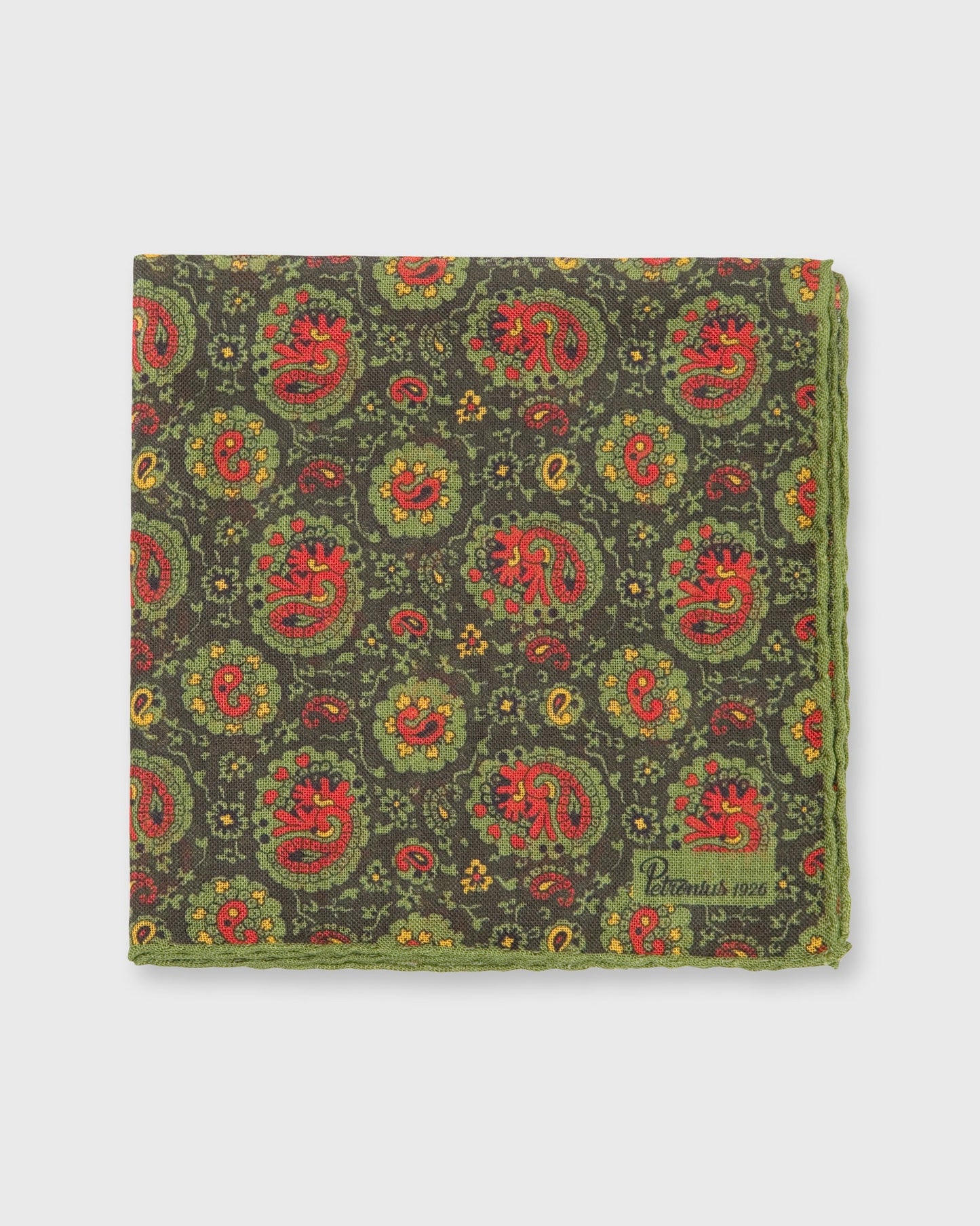 Hand-Rolled Pocket Square in Loden/Red Paisley