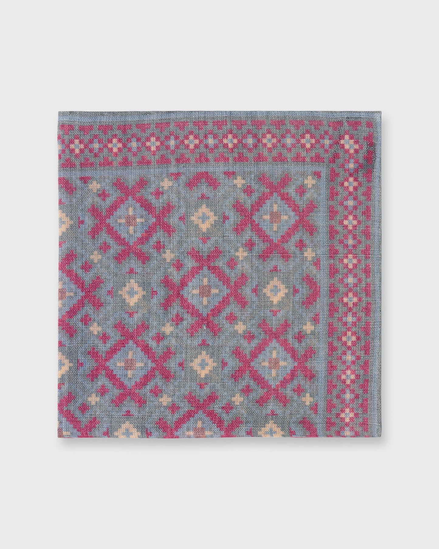 Wool/Silk Print Pocket Square in Evergreen/Burgundy/Gold Aztec