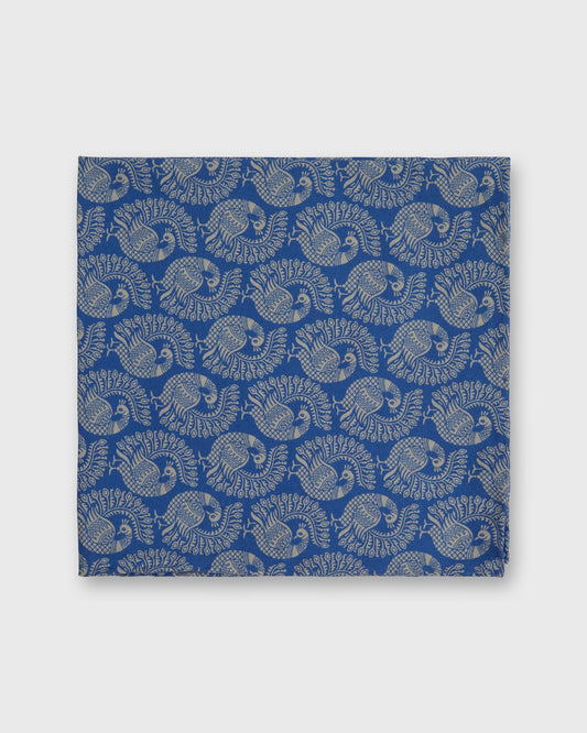 Cotton Print Pocket Square in Blue/Bone Peacock