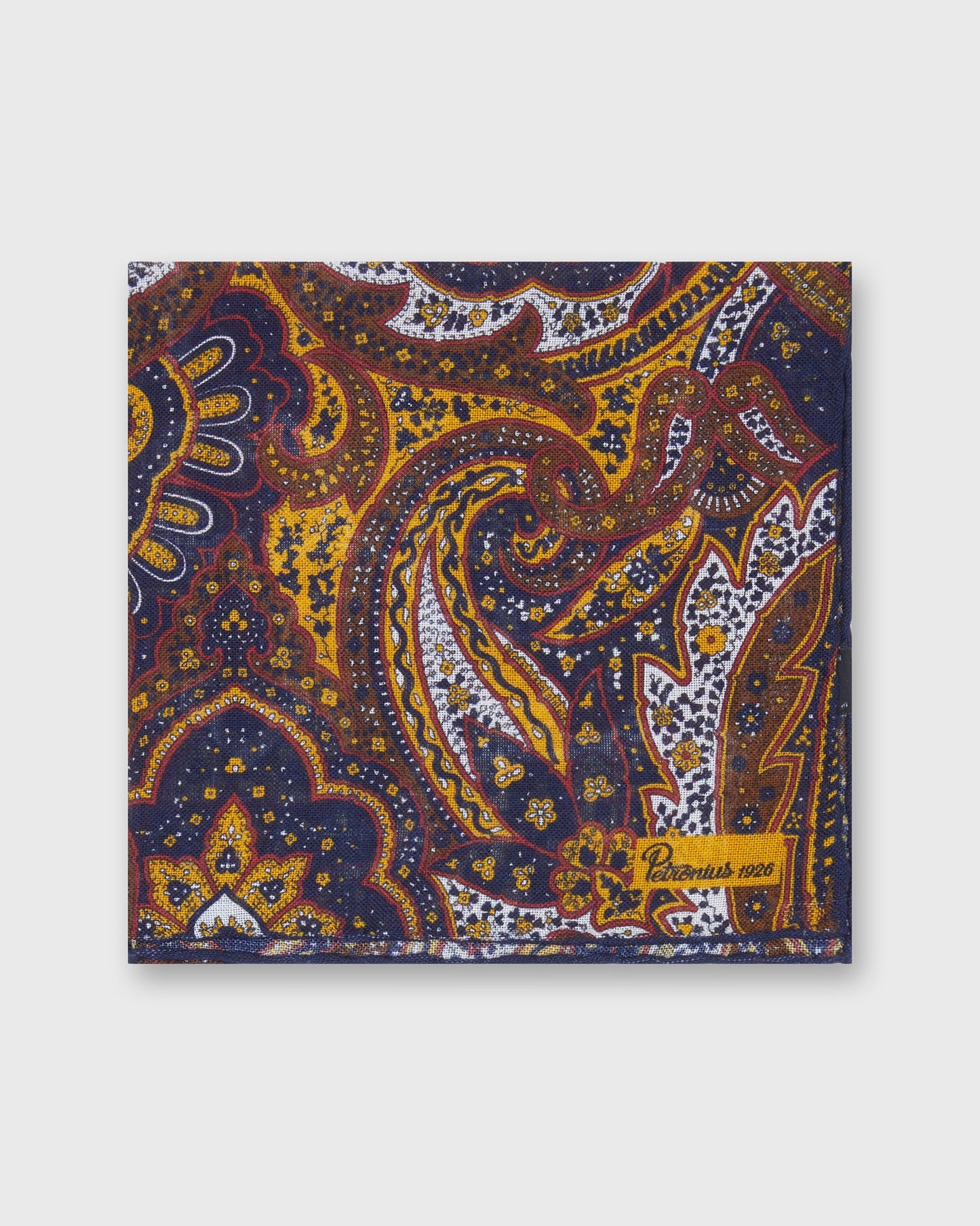 Wool/Silk Pocket Square in Navy/Brown Paisley