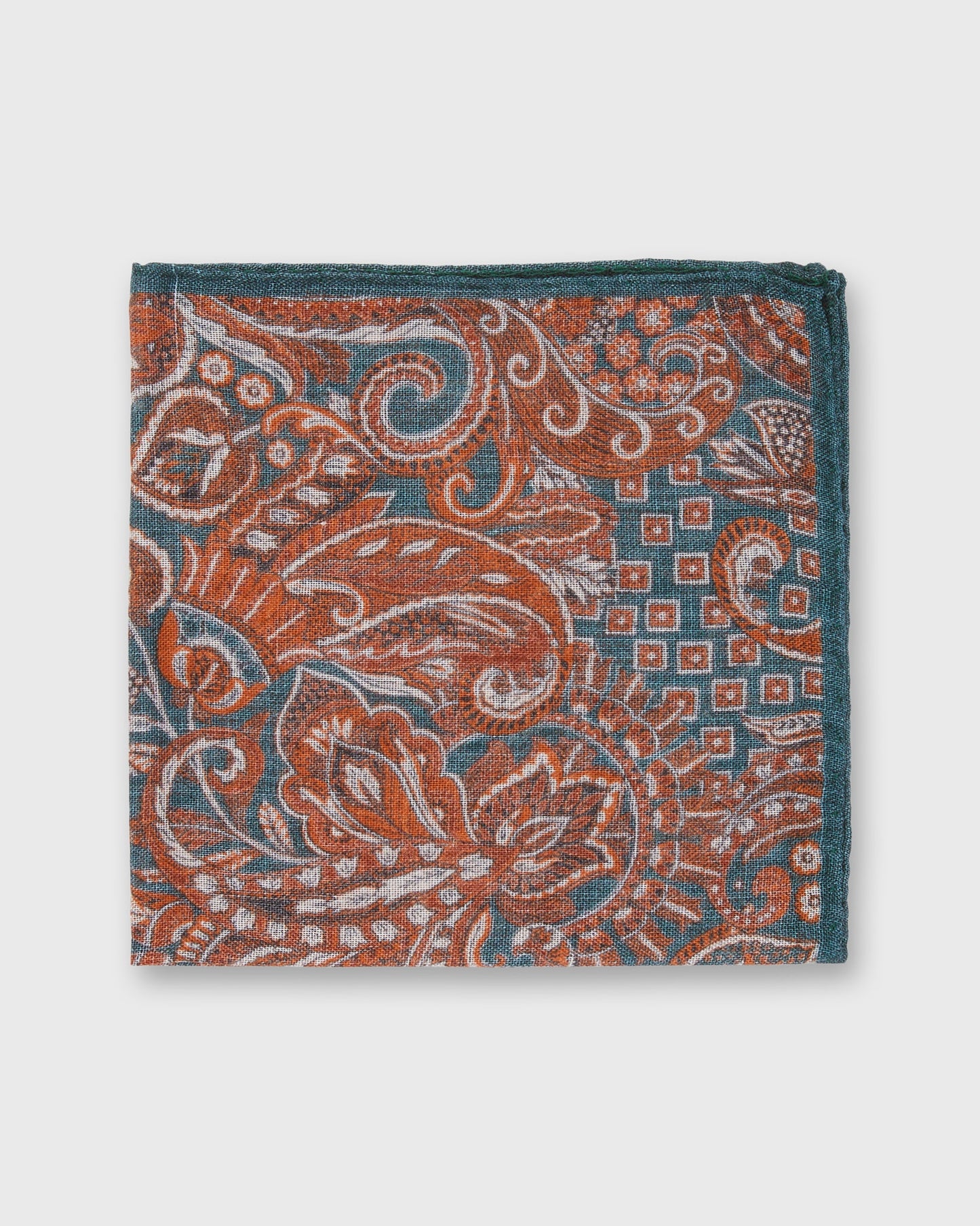 Wool/Silk Pocket Square in Lovat/Orange Floral